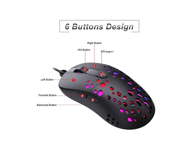 Risokeys Wired Lightweight Gaming Mouse, 6 Buttons, 8000 Dpi Adjustable, Rgb Backlit, Honeycomb Hollow Ergonomic Design for Pc, Laptop, Gamers
