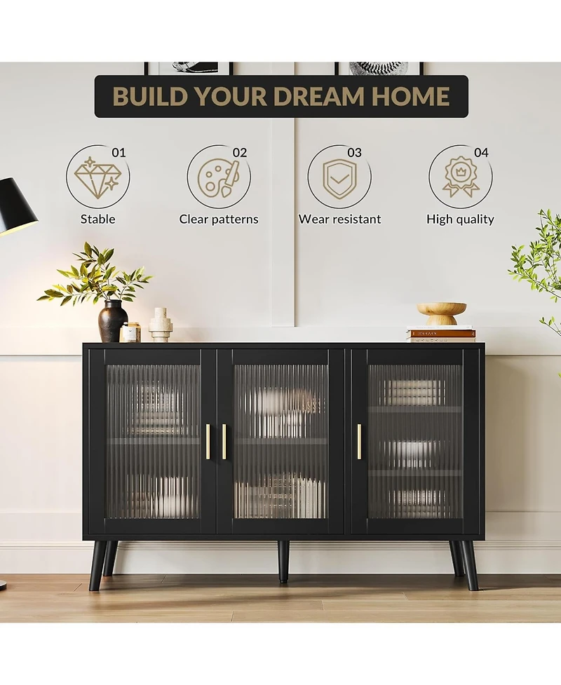 gaomon Sideboard Buffet Cabinet, Large Sideboard Cabinet with 3 Fluted Glass Doors and Removable Shelves