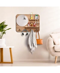 Yigii Oak Wood Key Rack with Mirror, Hooks, and Shelves for Home Decor