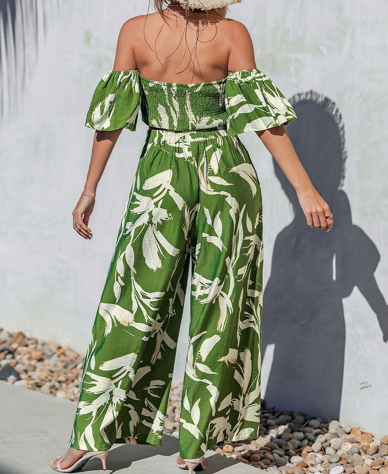 Cupshe Women's Smocked Off-The-Shoulder Wide-Leg Matching Sets