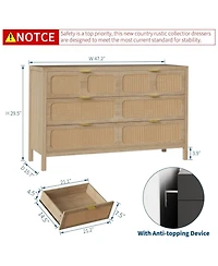 Gaomon 6 Drawers Dresser,Rattan Dresser with Metal Handles and Wood Legs