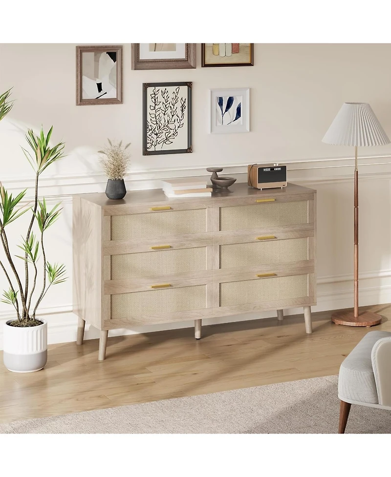 gaomon 6 Drawer Rattan Dresser, Rattan Chest of Dressers, Mid Century Modern Dresser for Closet with Handles, Large Table Top, Dressers Bedroom