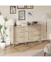 gaomon 6 Drawer Rattan Dresser, Rattan Chest of Dressers, Mid Century Modern Dresser for Closet with Handles, Large Table Top, Dressers Bedroom