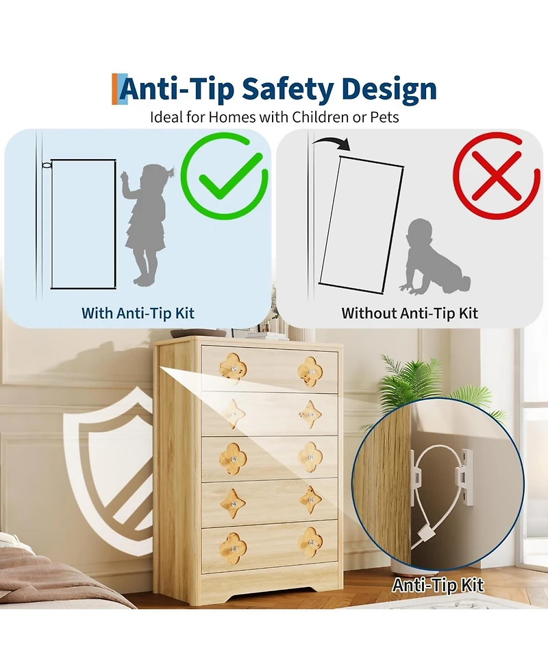 gaomon 5 Drawer Tall Dresser for Bedroom, 45'' Boho Chest of Drawers, Wooden Chest with Clothes Storage Cabinet, Decorative Drawer Front Organizer