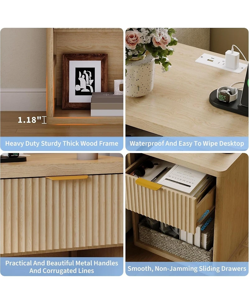 gaomon Fluted Nightstand Set of 2,Mid Century Bedside Table,Wooden End Table,Farmhouse Night Stand with 1 Drawer,Open Shelf