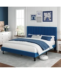 gaomon Platform Bed Frame with Adjustable Velvet Headboard, Vertical Channel Tufted Upholstered Design