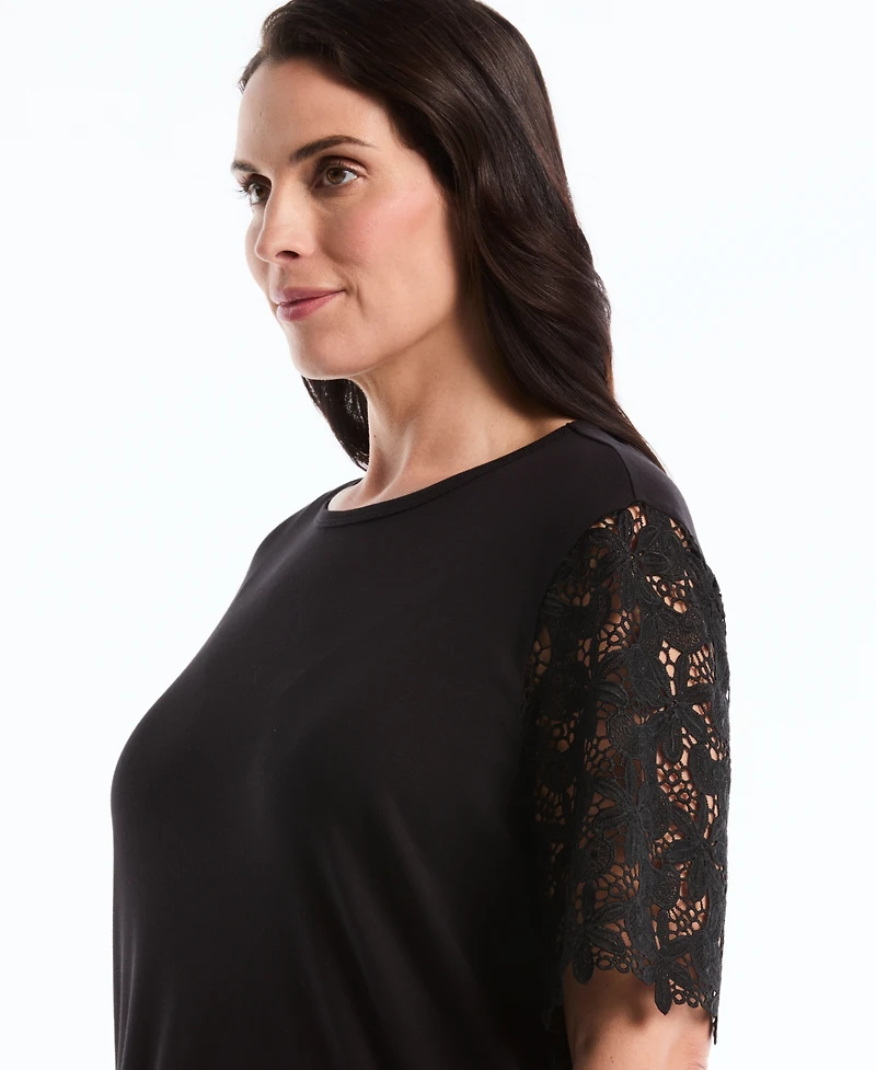 Rafaella Plus Drape Lace Sleeve Crewneck Top