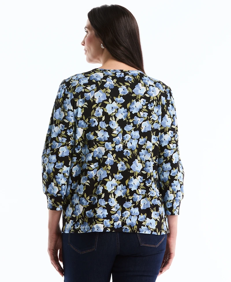 Rafaella Plus Floral Print Shirred 3/4-Length Sleeve Top