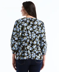 Rafaella Plus Floral Print Shirred 3/4-Length Sleeve Top