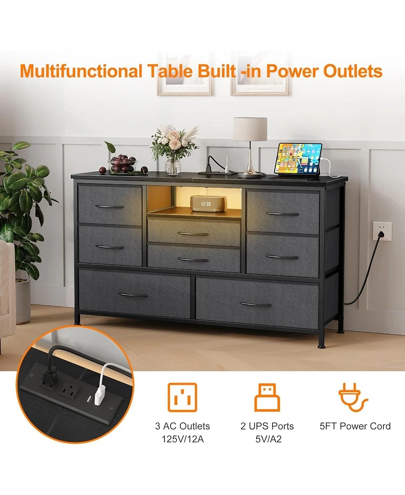 gaomon Dresser Tv Stand with Power Outlet & Led for 55'' Tv, Long Dresser 8 Deep Drawers Chests of Drawers, Wide Console Table