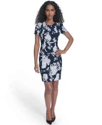 Calvin Klein Womens Printed Puff Sleeve Sheath Dress