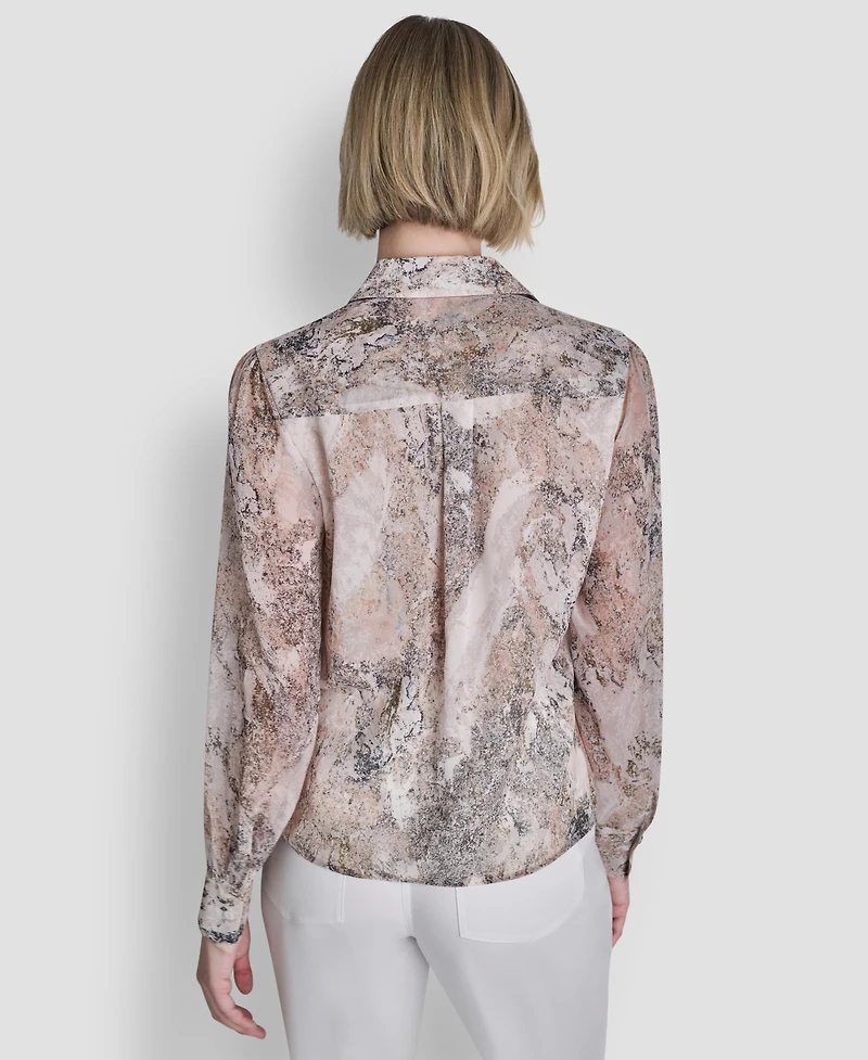 Dkny Women's Printed Ruffle Front Long-Sleeve Collared Blouse