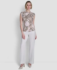 Dkny Women's Sleeveless Printed Asymmetrical Neck Knit Top