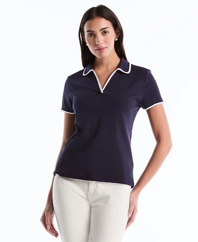 Rafaella Petite Contrast Trim Johnny Collar Polo Shirt