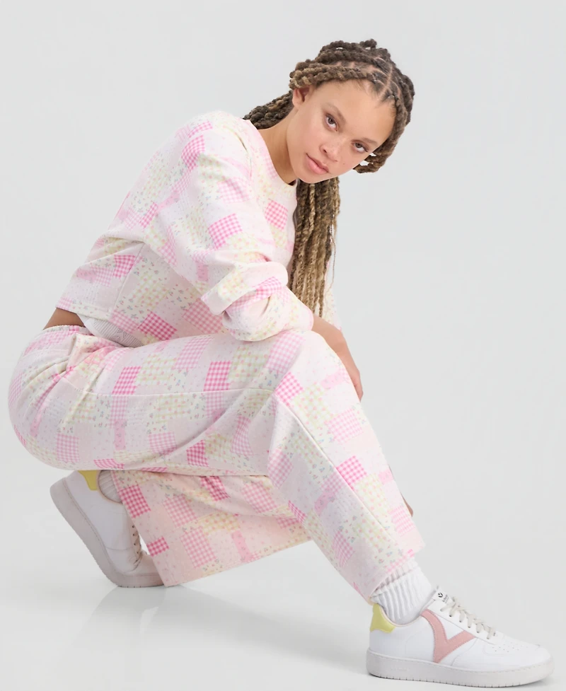 The Happy Camp3r Juniors' High Rise Patchwork Print Sweatpants