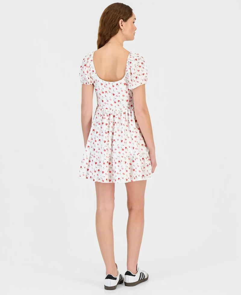 Kingston Grey Juniors' Floral Print Eyelet Puff-Sleeve Mini Dress
