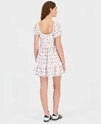 Kingston Grey Juniors' Floral Print Eyelet Puff-Sleeve Mini Dress