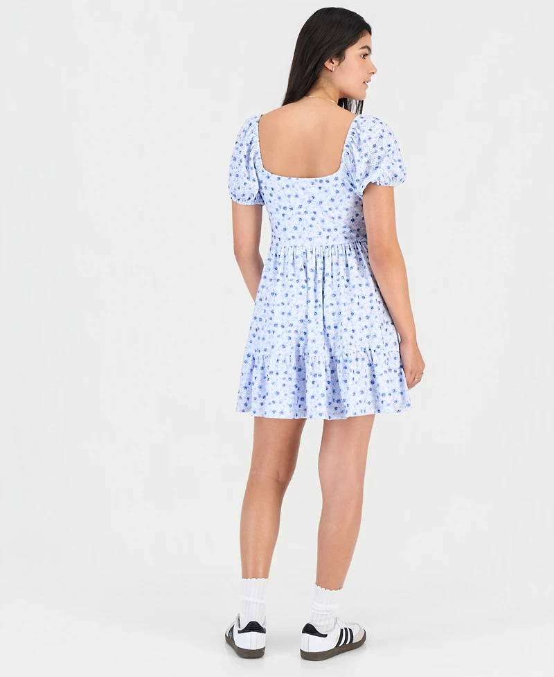Kingston Grey Juniors' Floral Print Eyelet Puff-Sleeve Mini Dress