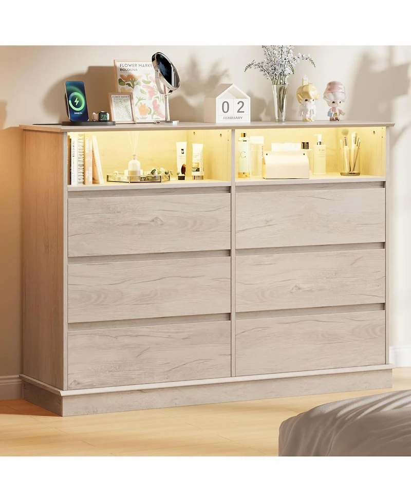 gaomon 6 Drawer Dresser for Bedroom with Led Lights & Charging Station, Modern Oak Dresser with Led for Bedroom