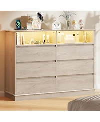 gaomon 6 Drawer Dresser for Bedroom with Led Lights & Charging Station, Modern Oak Dresser with Led for Bedroom