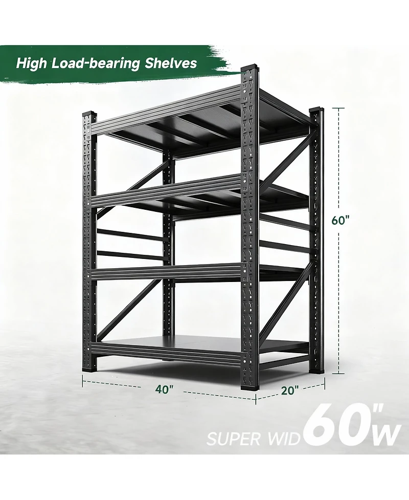 Yigii Heavy Duty40" W x 60" H Garage Shelving, 4-Tier, Adjustable, 2000 lbs Capacity