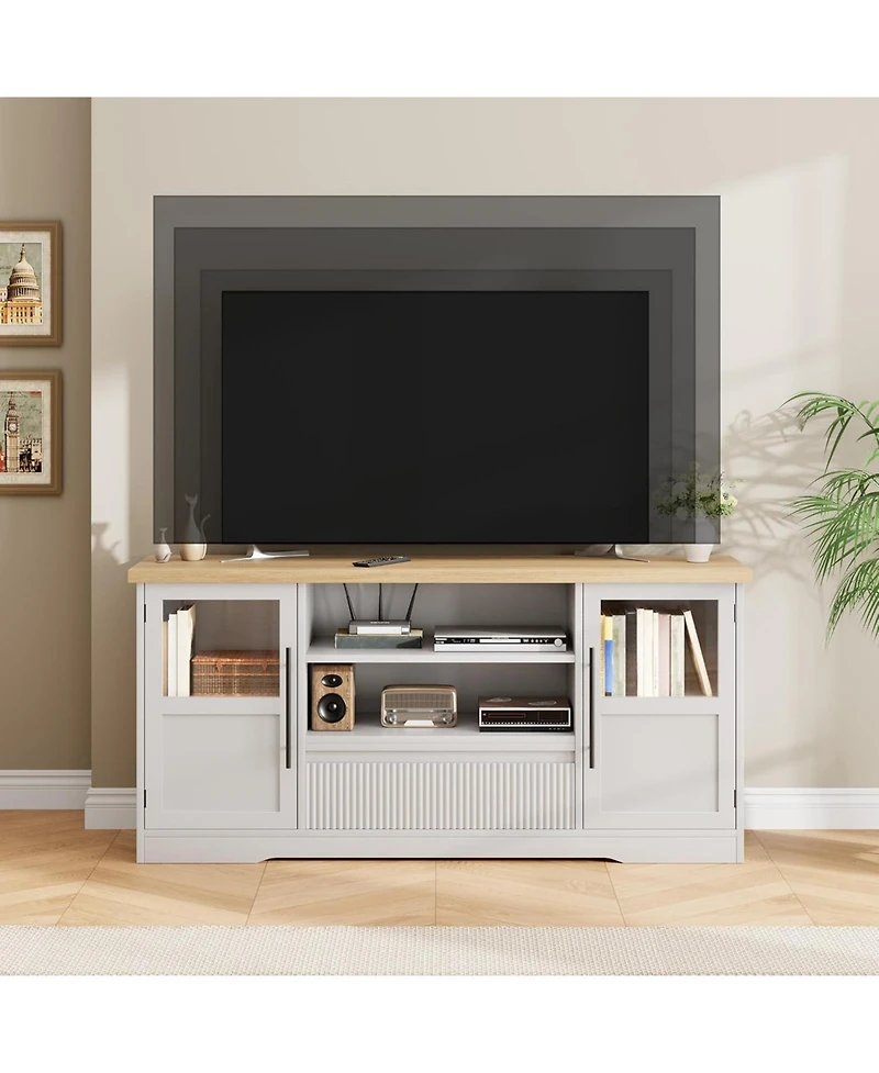 Gaomon 72" Farmhouse Tv Stand with Wave Pattern Glass Door Cabinets & Open Storage Media Console