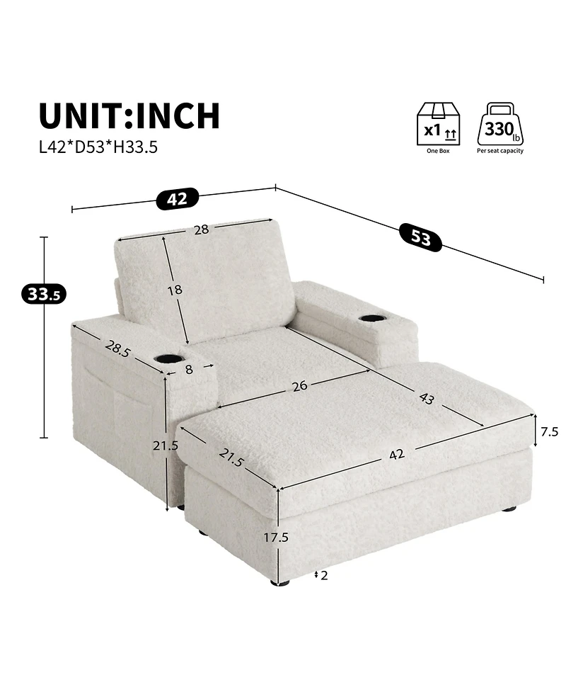 Boyel Living Faux Rabbit Fur Sofa with Storage Ottoman and Armrests,Cup Holders,Upholstered Sleeper Chair,Chaise Lounge,Reading