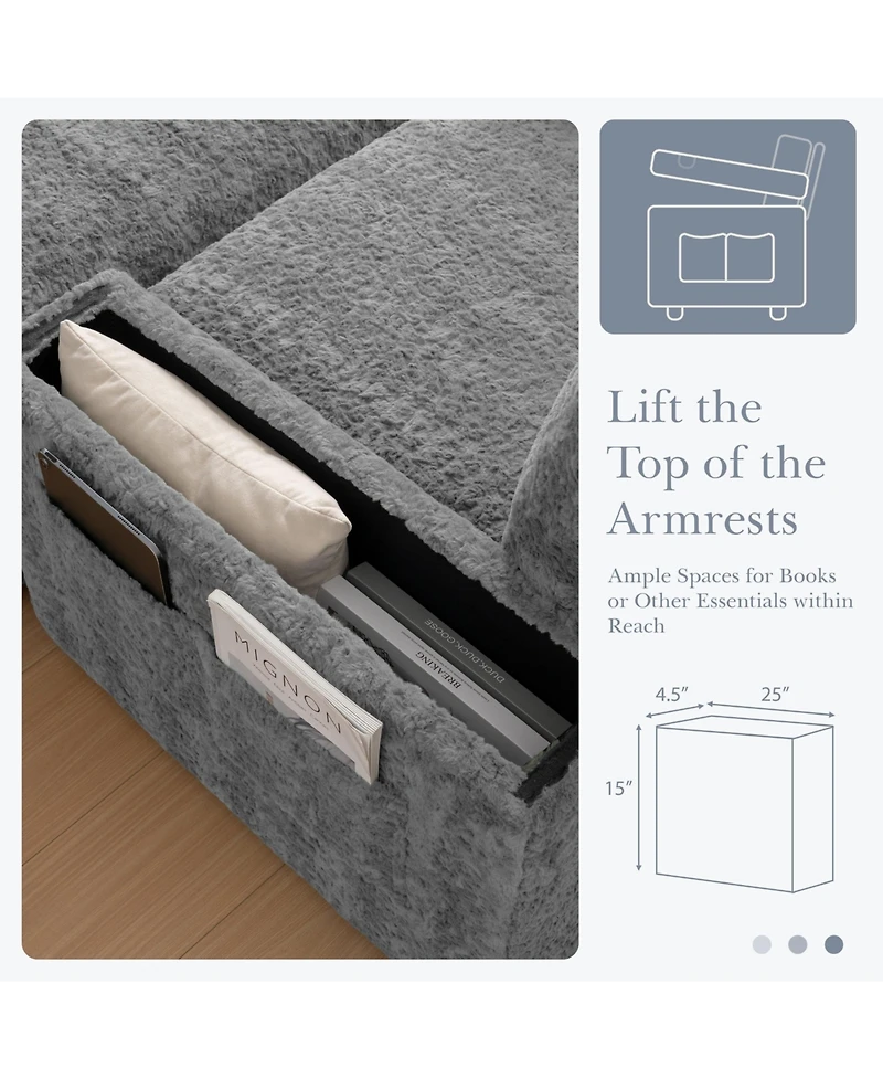 Boyel Living Faux Rabbit Fur Sofa with Storage Ottoman and Armrests,Cup Holders,Upholstered Sleeper Chair,Chaise Lounge,Reading