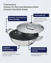 Tramontina Utsava Tri-Ply Clad Stainless Steel 2.7-Quart Covered Kadai