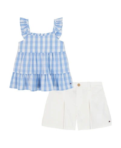 Tommy Hilfiger Girls' 4-6X Gingham Flutter Sleeve Tunic & Stretch Twill Shorts, 2-Piece Set