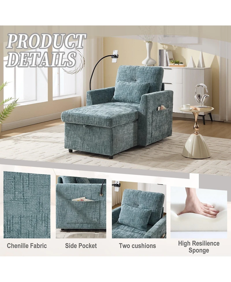 Boyel Living Multifunctional Chenille Sofa with Storage & Cell Phone Bracket, Single Sleeper Chair, Chaise Lounge Chair