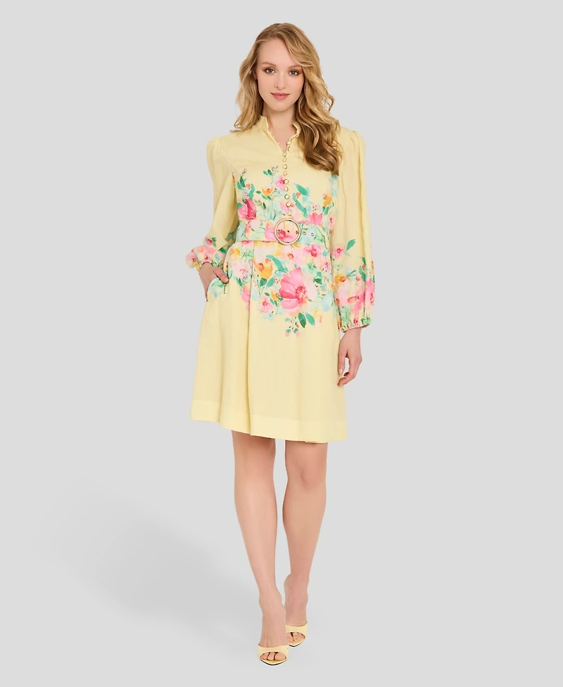 Tahari Asl Petite Button-Front Placement Mock neck Print Dress