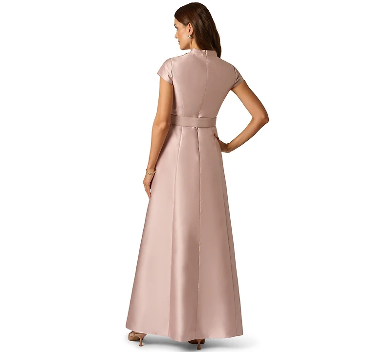 Adrianna Papell Women's Mikado Belt V-Neck Short-Sleeve Gown