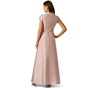 Adrianna Papell Women's Mikado Belt V-Neck Short-Sleeve Gown