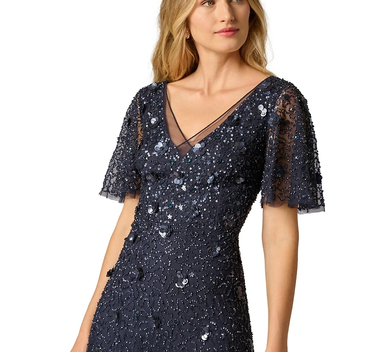 Adrianna Papell Women's Bead Mesh Flutter V-Neck Midi Dress