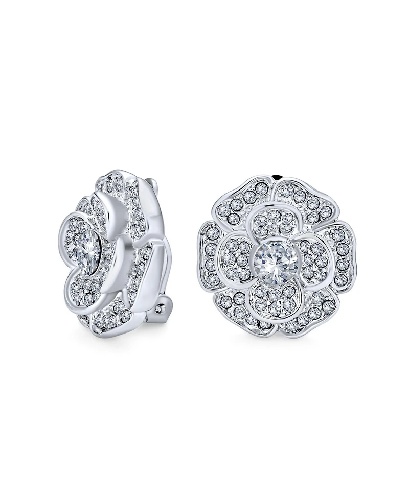 Bling Jewelry Statement Cubic Zirconia Pave Cz 3D Rose Flower Shape Clip On Earrings Non Pierced Ears
