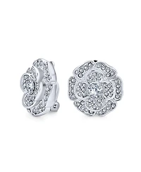 Bling Jewelry Statement Cubic Zirconia Pave Cz 3D Rose Flower Shape Clip On Earrings Non Pierced Ears