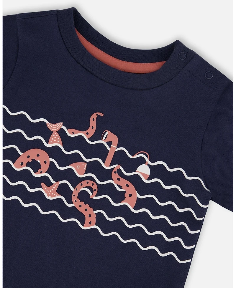 Deux par Baby Boys Cotton T-Shirt and Short Set Blue Brick Stripes