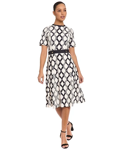 London Times Women's Geometric Print Belted Dress