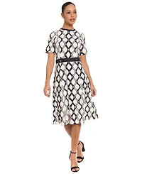 London Times Women's Geometric Print Belted Dress
