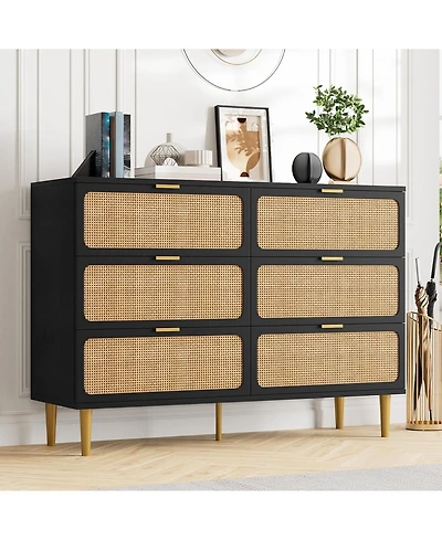 gaomon Rattan Dresser with 6 Drawers, Tall Modern Closet with Deep Storage, Long Wooden Dresser for Bedroom