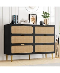 gaomon Rattan Dresser with 6 Drawers, Tall Modern Closet with Deep Storage, Long Wooden Dresser for Bedroom