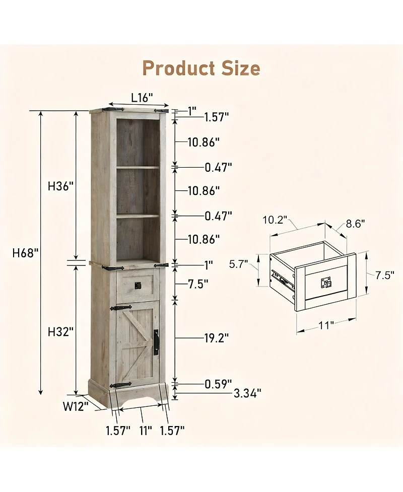 Yigii Adjustable Shelves & Drawer Farmhouse Bathroom Shelves Cabinet