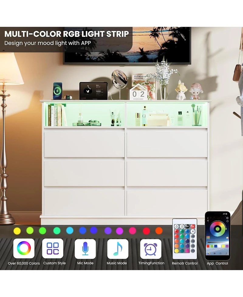 gaomon 6 Drawer Dresser for Bedroom with Led Lights & Charging Station, Modern Dresser with Led for Bedroom