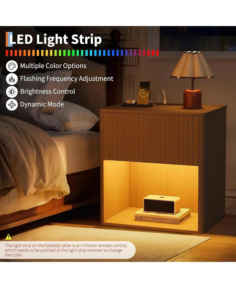 gaomon CuisinSmart 22" Oak Modern Nightstand Set of 2 with Charging Station & Led Light