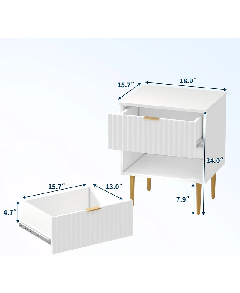 gaomon 2 Pack Modern Nightstand with Usb Charging Station, Gold & Wood Fluted Bedside Night Stand with 2 Drawers, Usb Ports & Outlets