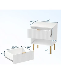 gaomon 2 Pack Modern Nightstand with Usb Charging Station, Gold & Wood Fluted Bedside Night Stand with 2 Drawers, Usb Ports & Outlets