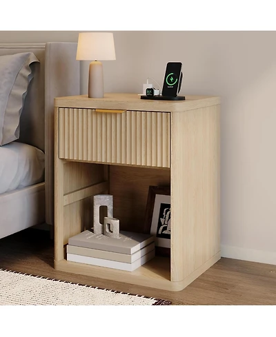 gaomon 1 Pcs Fluted Nightstand,Mid Century Bedside Table,Wooden End Table,Farmhouse Night Stand with 1 Drawer,Open Shelf