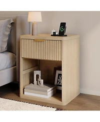 gaomon 1 Pcs Fluted Nightstand,Mid Century Bedside Table,Wooden End Table,Farmhouse Night Stand with 1 Drawer,Open Shelf