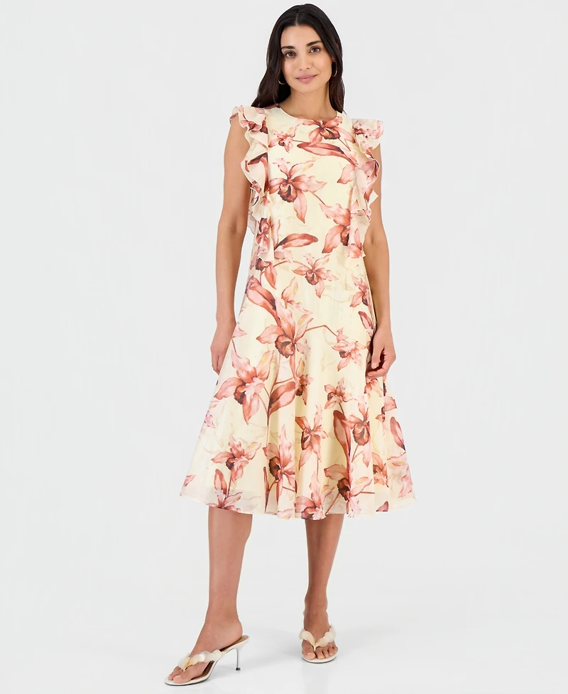 I.n.c. International Concepts Petite Printed Ruffle-Sleeve Dress, Macy's Exclusive